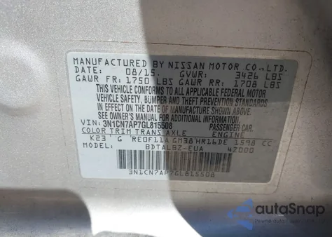 2016 Nissan Versa 1.6 S/1.6 S+/1.6 Sl/1.6 Sv из США, поврежденный, VIN 3N1CN7AP7GL815508